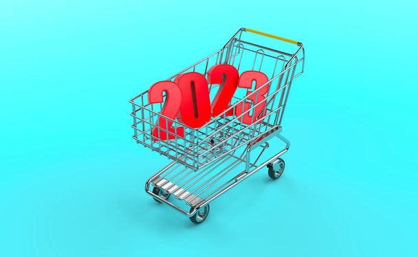 New Year 2023 Creative Design Concept with Shopping trolley - 3D Rendered Image - Фото, зображення