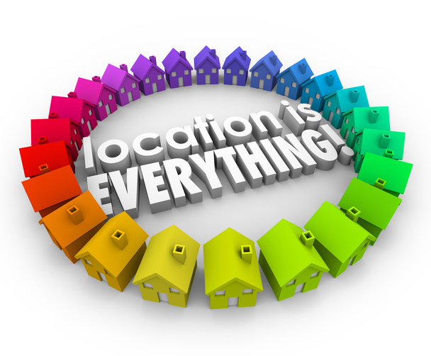 Location is Everything 3d words surrounded by colored houses - Фото, изображение