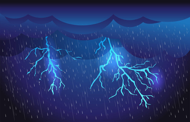 Heavy rain in dark sky, thunder lightning and clouds ,rainy season,  lightning storm,  Flood natural disaster, weather nature background, vector illustration. - Vector, Image