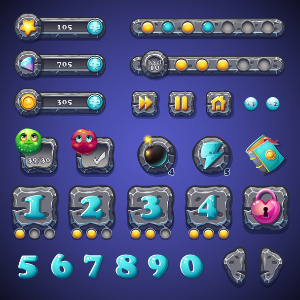 Set stone buttons, progress bars, bars objects, coins, crystals, icons, boosters and other ellementov for web design and user interface of computer games - Vector, Image