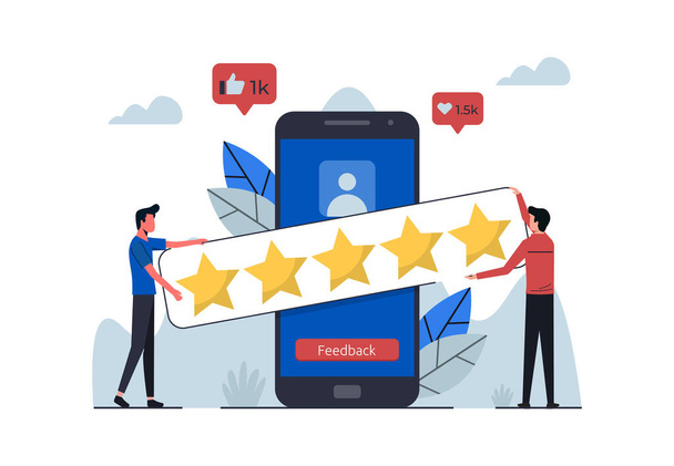 Customers giving five stars feedback. Satisfaction rating and leaving positive reviews. Users experience concept - Vector, imagen