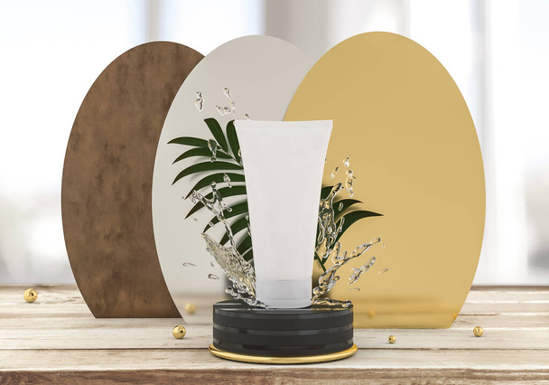 3d rendering of product show on the cylinder podium. 3d minimal concept for cosmetic mockup. - 写真・画像