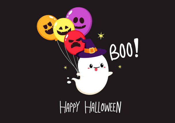 Halloween poster design. Halloween party with cute ghost and fancy balloons. Trick or treat with holidays cartoon character. - Vector, imagen