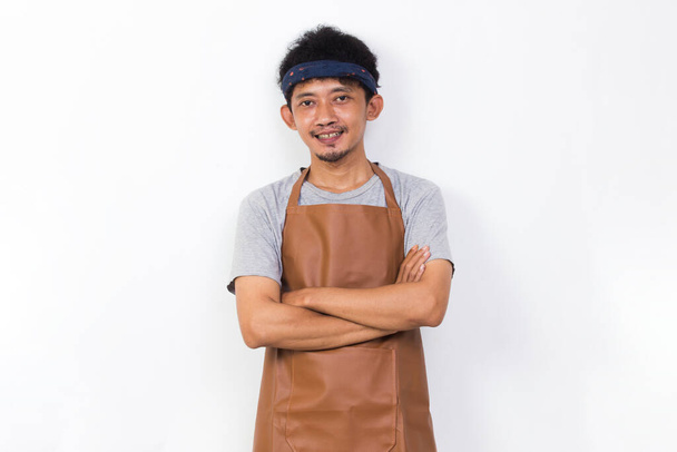 portrait happy asian man barista waitress isolated on white background - Foto, Imagen