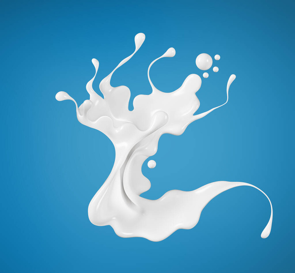 Milk or yogurt splashes isolated on blue background, food illustration, splashing liquid soap, shampoo, 3d rendering - Zdjęcie, obraz