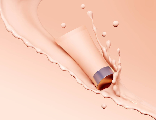 Liquid makeup foundation tube with cosmetic foundation cream splash. Blank cosmetics skincare product or packaging pastel template on podium for mock up. 3d rendering. - Foto, Imagem