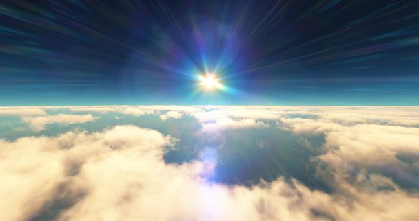 volar por encima de las nubes puesta del sol paisaje. ilustración de renderizado 3d - Foto, Imagen
