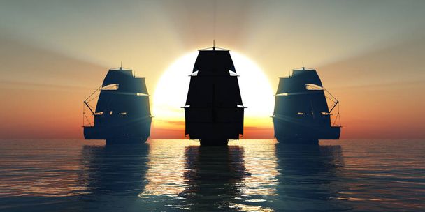 vieux trois navires coucher de soleil en mer, illustration de rendu 3d - Photo, image