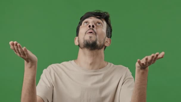 Portrait excited young hopeful arab man says prayer standing studio green background, hispanic praying asking for sign hope faith indian guy waiting God Allah ask good luck blessing raising hands up - Video