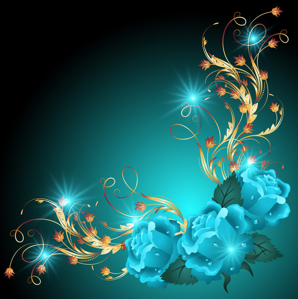 Blue roses with golden ornament - Vector, Image