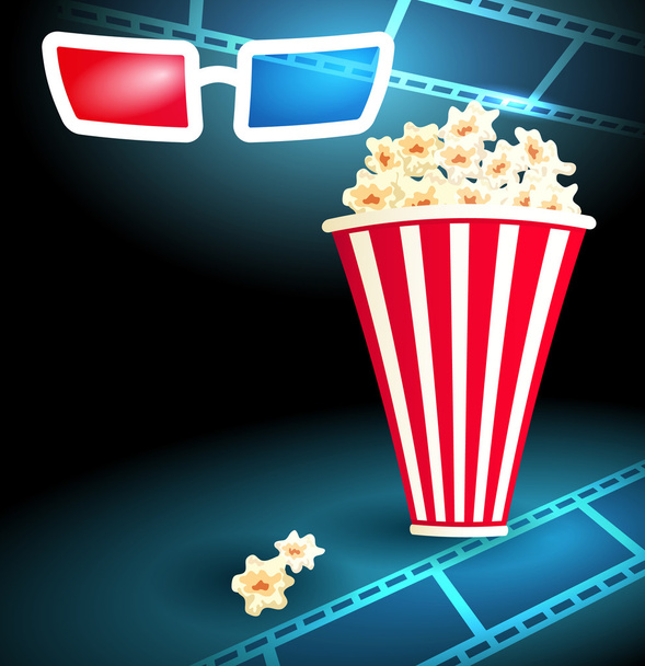 3d glasses with popcorn and film strip - Vector, Image