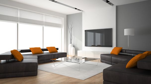 Modern interior with two sofas and ornge pillows 3D rendering - Photo, image