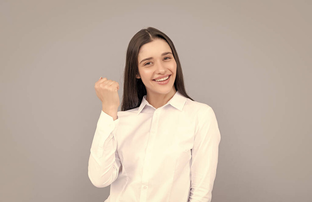 manager executive on grey background. female formal fashion. confident lady boss. glad businesswoman in white shirt. business success. successful woman in businesslike clothes. - Photo, Image