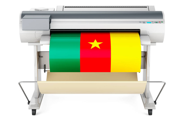 Wide format printer, plotter with Cameroonian flag. 3D rendering isolated on white background - 写真・画像