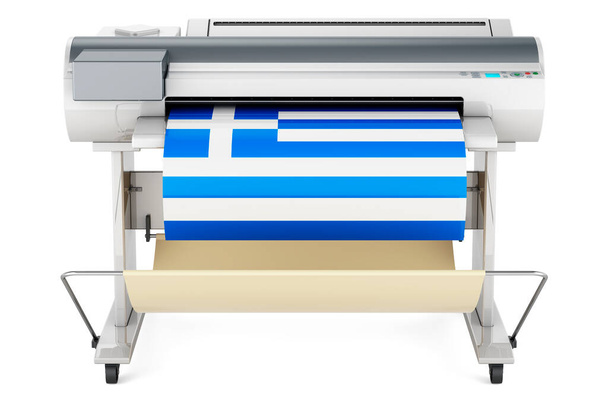Wide format printer, plotter with Greek flag. 3D rendering isolated on white background - Fotografie, Obrázek