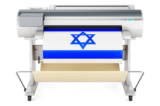 Wide format printer, plotter with Israeli flag. 3D rendering isolated on white background - 写真・画像