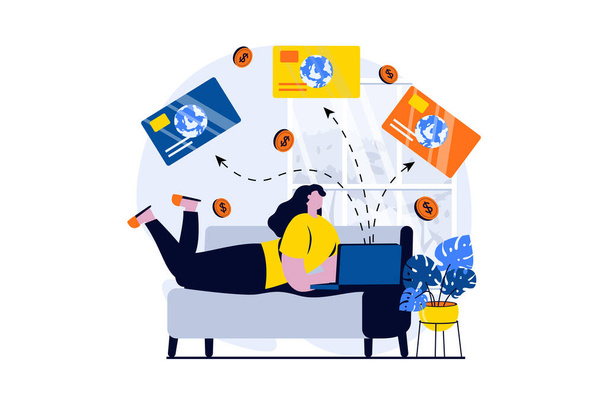 E-payment process concept with people scene in flat cartoon design. Woman manages her credit cards and enforces financial transactions using laptop at home. Illustration visual story for web - Foto, afbeelding