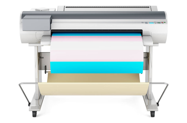 Wide format printer, plotter with transgender flag. 3D rendering isolated on white background - Foto, Imagen