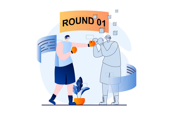 Metaverse concept with people scene in flat cartoon design. Man in VR headset fights in boxing tournament with virtual opponents in cybersport simulation game. Illustration visual story for web - Fotografie, Obrázek