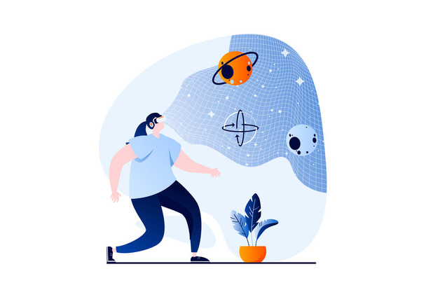 Metaverse concept with people scene in flat cartoon design. Woman in VR headset interacts in virtual simulation with space and explores planets in cyberspace. Illustration visual story for web - Foto, imagen