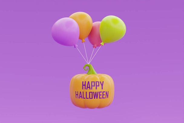 Счастливый Хэллоуин с Джеком-о-Ланном и цветными воздушными шарами на фиолетовом фоне, традиционный октябрьский праздник, 3D-рендеринг.  - Фото, изображение