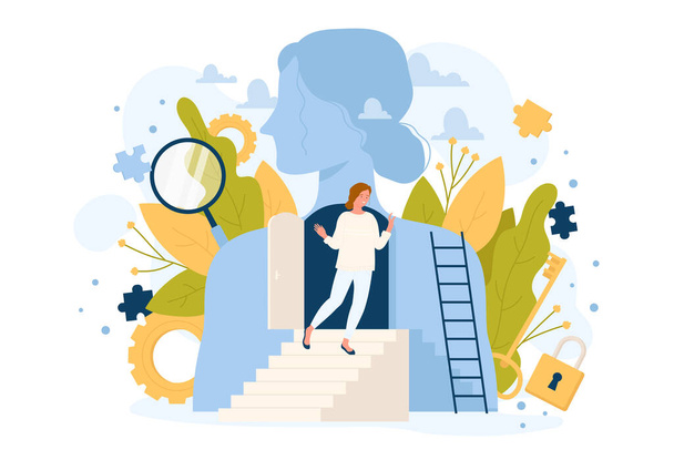 Freedom and mental health for development, progress in work and communication. Cartoon woman standing near open door inside abstract personality flat vector illustration. Psychology, success concept - Vetor, Imagem