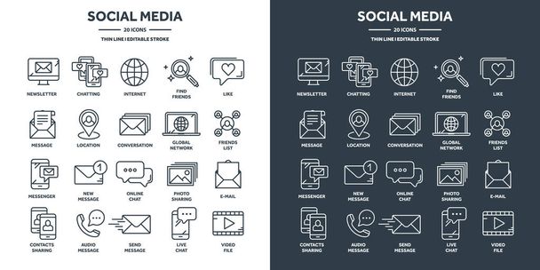 Communication, social media and online chatting. SMS, phone call, messaging in smartphone messenger application. Computing, email web services support. Thin line icons set. Vector illustration. - Vector, Imagen