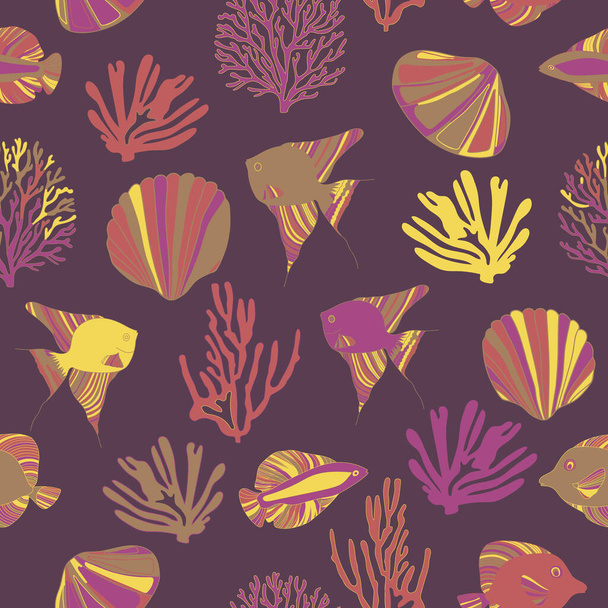 Sea creatures fashion colored seamless pattern. Vector illustration of fishes, seashells and coral reefs. Fashion textile print. - ベクター画像