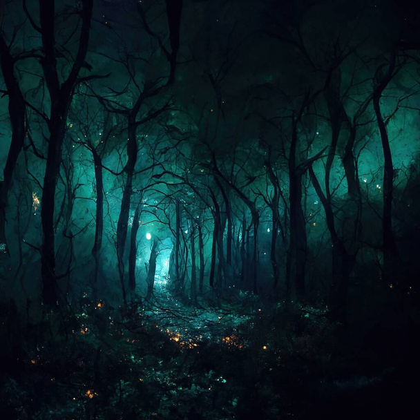 Realistic haunted forest creepy landscape at night. Fantasy Halloween forest background. Surreal mysterious atmospheric woods design backdrop. Digital art. - Foto, Bild