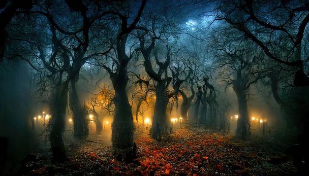 Realistic haunted spooky forest, creepy landscape at night. Fantasy Halloween forest background. Surreal mysterious atmospheric woods design backdrop. Digital art. - Foto, afbeelding