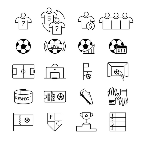 Soccer line icon set. Included the icons as ball, player, live, statistics, captain's armband and more. Football symbols collection, logo illustrations, vector sketches sport game signs, championship - Vettoriali, immagini