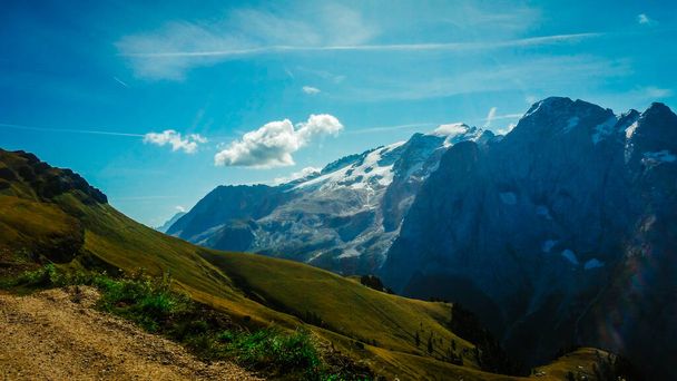 Marmolada Group in the Dolomites. Punta Penia in the Dolomites. Mountain tours in the Italian mountains. Beautiful glacier in the Dolomites. - Photo, Image