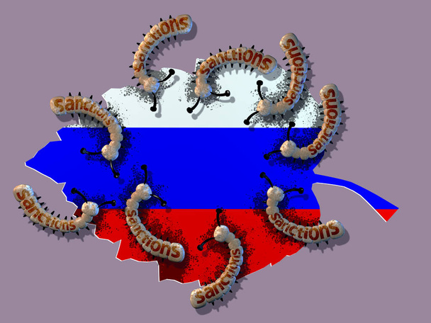 Τα σκουλήκια με την επιγραφή "κυρώσεις" τρώνε ένα φύλλο δέντρου. Ένα φύλλο δέντρου με την υφή της σημαίας της Ρωσίας. Σύμβολο κυρώσεων κατά της Ρωσίας από την ΕΕ και τις "νωμένες Πολιτείες. - Φωτογραφία, εικόνα