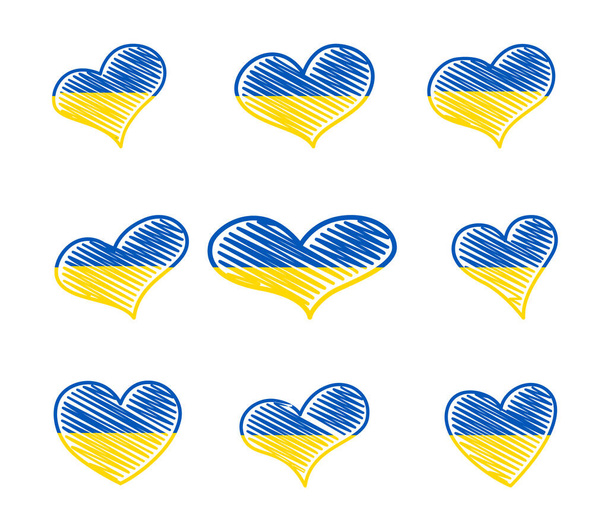 Большой набор сердец в украинских цветах. Желтый и синий каракули сердце на белом фоне. Векторная иллюстрация - Вектор,изображение