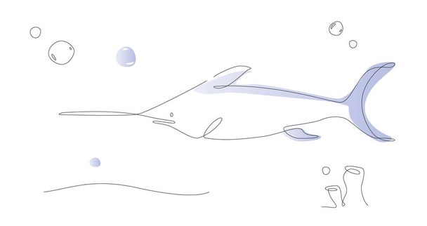 One line sword fish illustration. Sea life line art vector. narwal fish outline - Vektor, Bild