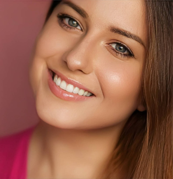 Beauty, makeup and skincare cosmetics model face portrait on pink background, smiling woman with natural makeup, perfect healthy teeth, dental care closeup - Photo, Image
