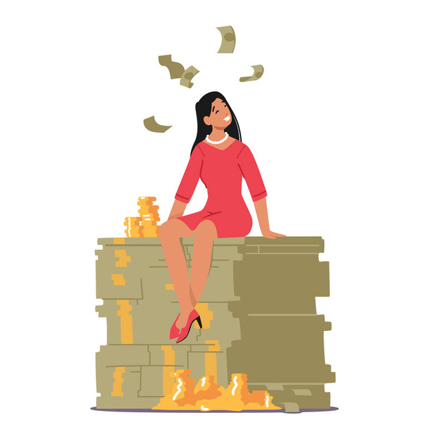 Rich Millionaire Businesswoman Character Sitting on Huge Money Pile with Gold Coins and Dollars. Business Growth, Wealth and Prosperity Concept. Investor with Money. Cartoon Vector Illustration - Vektör, Görsel