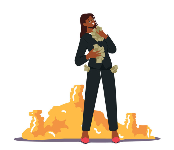 Wealth and Prosperity Concept. Rich Millionaire Female Character Holding Dollars near Huge Stack of Golden Coins. Business Woman, Investor or Lottery Winner with Money. Cartoon Vector Illustration - Wektor, obraz