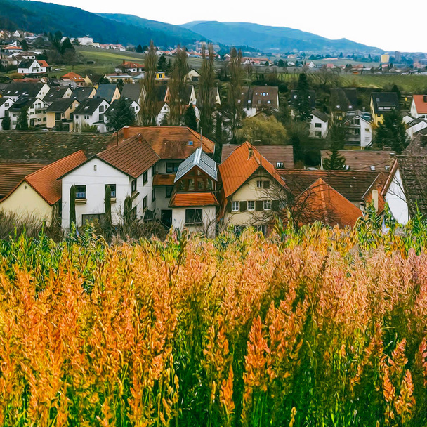 Цветущая луговая трава на фоне старого города в Европе. 3D иллюстрация. Имитация живописи маслом. - Фото, изображение