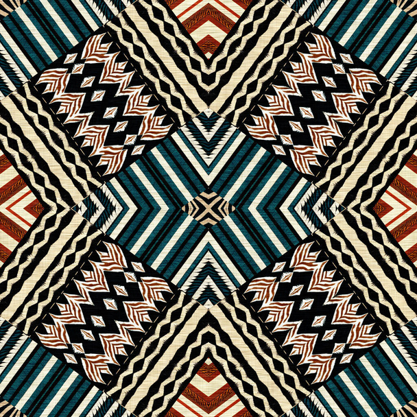 African kente cloth patchwork effect pattern. Seamless geometric quilt fabric all over background. Patched boho rug safari shirt repetitive tile swatch. - Foto, Bild