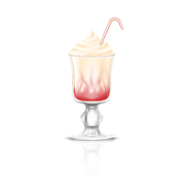 Realistic milkshake beverage with strawberry syrup. Milk cocktail in glass on white background isolated. Summer cold drink with berries and whipped cream. 3d vector illustration - Vettoriali, immagini