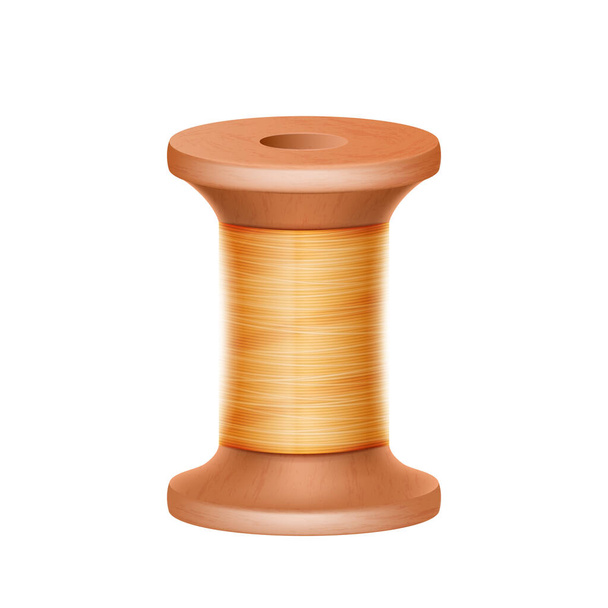 Realistic wooden bobbin, spools with yellow thread isolated on white background. Equipment for sewing, tailoring, accessory for needlework and clothing repair. Vector illustration - Vektor, obrázek