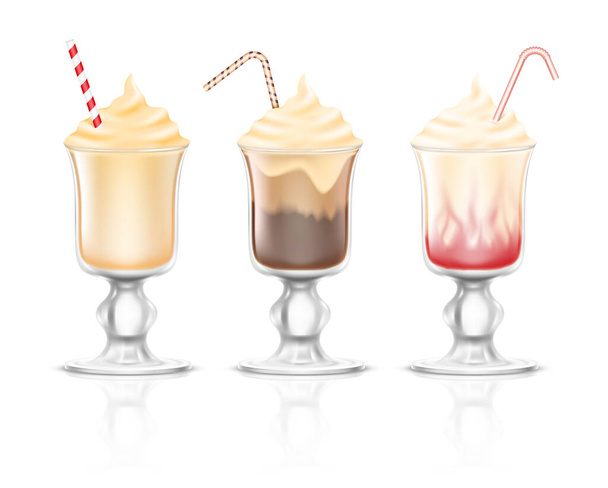 Настоящие вкусные молочные коктейли в стаканах с соломинками. Сладкие холодные вкусные коктейли с карамелью, шоколадом, фруктами, ягодами, взбитыми сливками. Набор десертных напитков. Векторная иллюстрация - Вектор,изображение