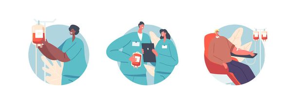 Αιμοδοσία Απομονωμένες Στρογγυλές Εικόνες ή Άβαταρς, Εθελοντής Χαρακτήρας Καθισμένος στην Καρέκλα Ιατρικού Νοσοκομείου Δωρεά Lifeblood, Γιατρός και Νοσοκόμος Κρατώντας Πλαστικές Τσάντες με Αίμα. Εικονογράφηση διάνυσμα κινουμένων σχεδίων - Διάνυσμα, εικόνα