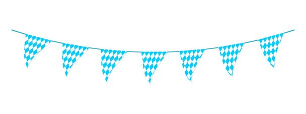 Oktoberfest bunting in traditional Bavarian colors. Garland with flags waving in the wind on German beer festival with blue and white rhombus pattern. Decoration for party, card, poster, banner - Vektör, Görsel