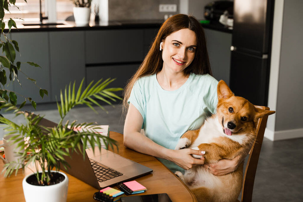 Girl with laptop smile and play with Corgi dog at home. Programmer woman working online and have a break for hug her dog. Having fun with Welsh Corgi Pembroke - Foto, afbeelding