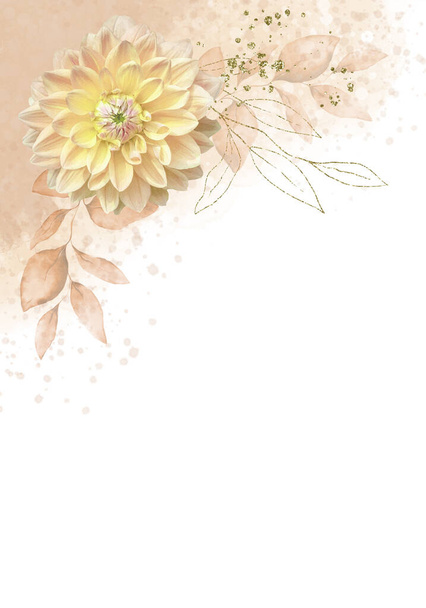 Блідо-акварельна квітка далії та листя на білому тлі - вертикальний ботанічний банер дизайну. Квітковий пастельний акварель, вінтажний стиль
 - Фото, зображення