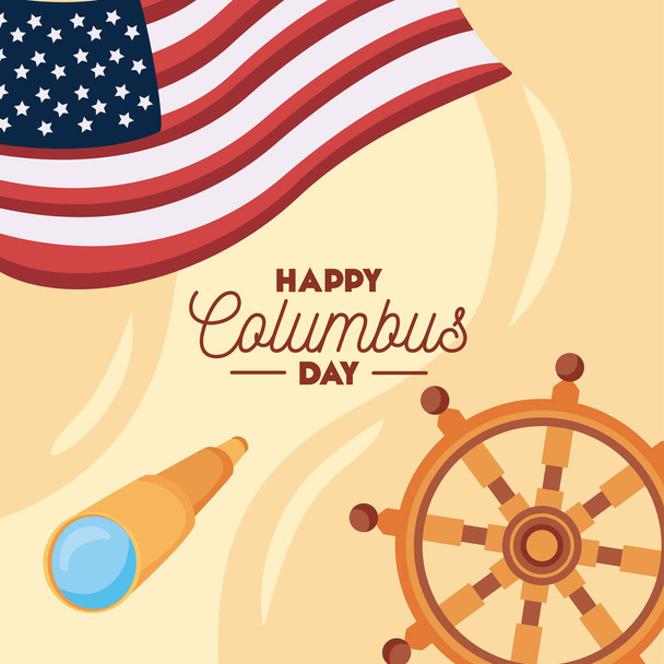 happy columbus day lettering with rudder - ベクター画像