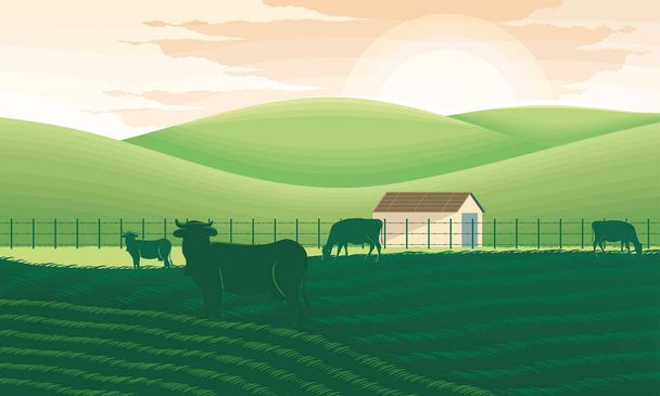 rural landscape with cows scene - Vector, Image
