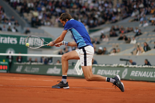 PARIS, FRANCE - MAY 30, 2022: Grand Slam Champion Daniil Medvedev of Russia  in action during his men's singles round 4 match against Marin Cilic of Croatia at 2022 Roland Garros in Paris, France - Fotografie, Obrázek